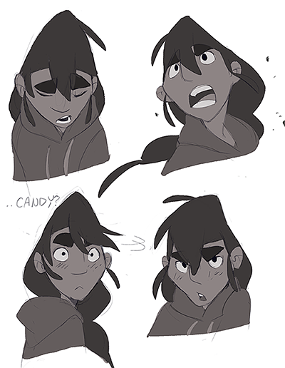 this black and white cartoon illustration depicts four different expressions of a male character. the top left character has a neutral expression, the top right character is surprised and shocked, the bottom left character is worried and concerned, and the bottom right character has a confused, thoughtful expression. they all have black hair, wear hoodies, and the bottom left character has an additional thought bubble above their head. the bottom left thought bubble says "...candy?"