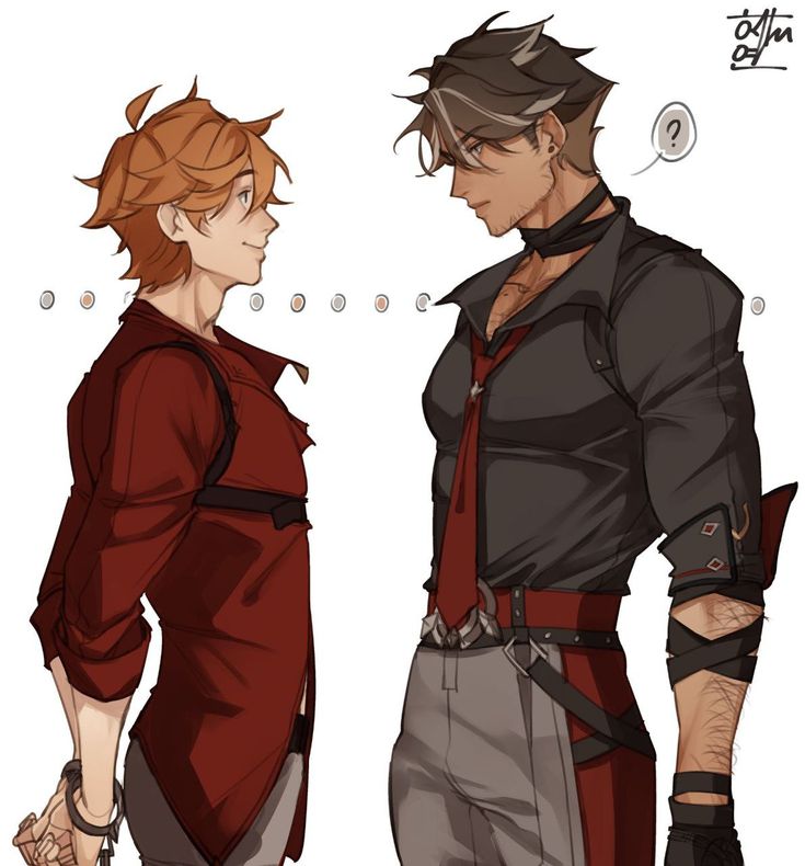 this image depicts two anime characters standing side by side. the character on the left is wearing a red shirt with black accents,  with orange hair. the character on the right is wearing a black shirt with a red tie and black accents.  they both have serious expressions, and the character on the right has a question mark thought bubble above their head. they seem to be in conflict.