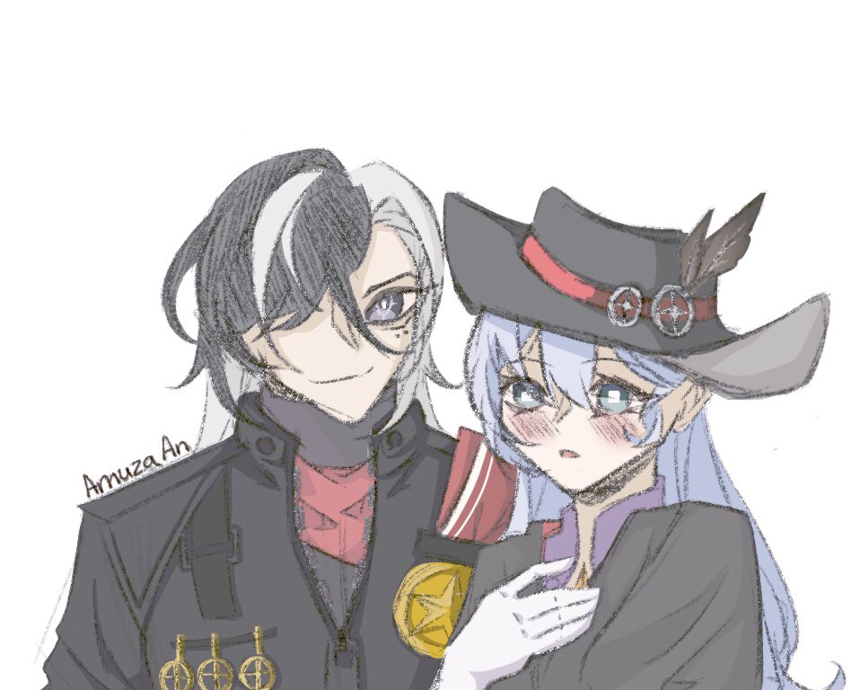 the image shows a colored drawing of a couple in uniform. the characters look like anime characters. the one on the left has white and gray hair. he's wearing a black uniform with a red undershirt and a gold medal. the character on the right has light blue hair and is wearing a gray hat with a red stripe and a gray uniform. her cheeks are flushed red, and she has one hand on her chest.