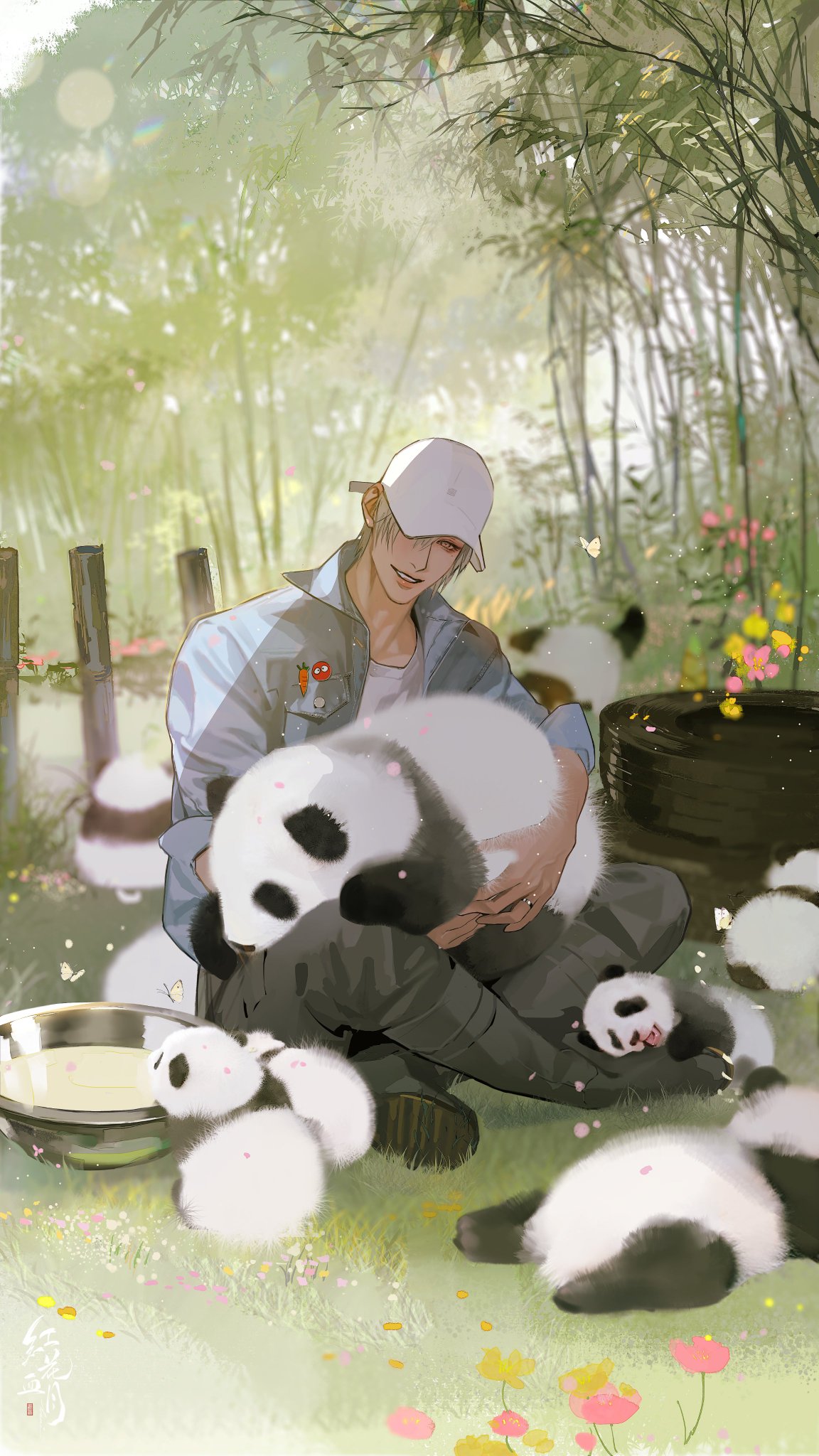 a man in a blue jacket and a white hat is sitting in a grassy field with a bunch of baby pandas. he is holding one panda in his lap and smiling at the camera. there are other baby pandas around him, some are sitting and some are laying down. the scene is peaceful and serene, and the man and pandas seem to be very happy together. the image is light and bright, and the colors are soft and sweet. the scene is heartwarming and joyful, and it represents the beauty of nature and the bond between humans and animals.