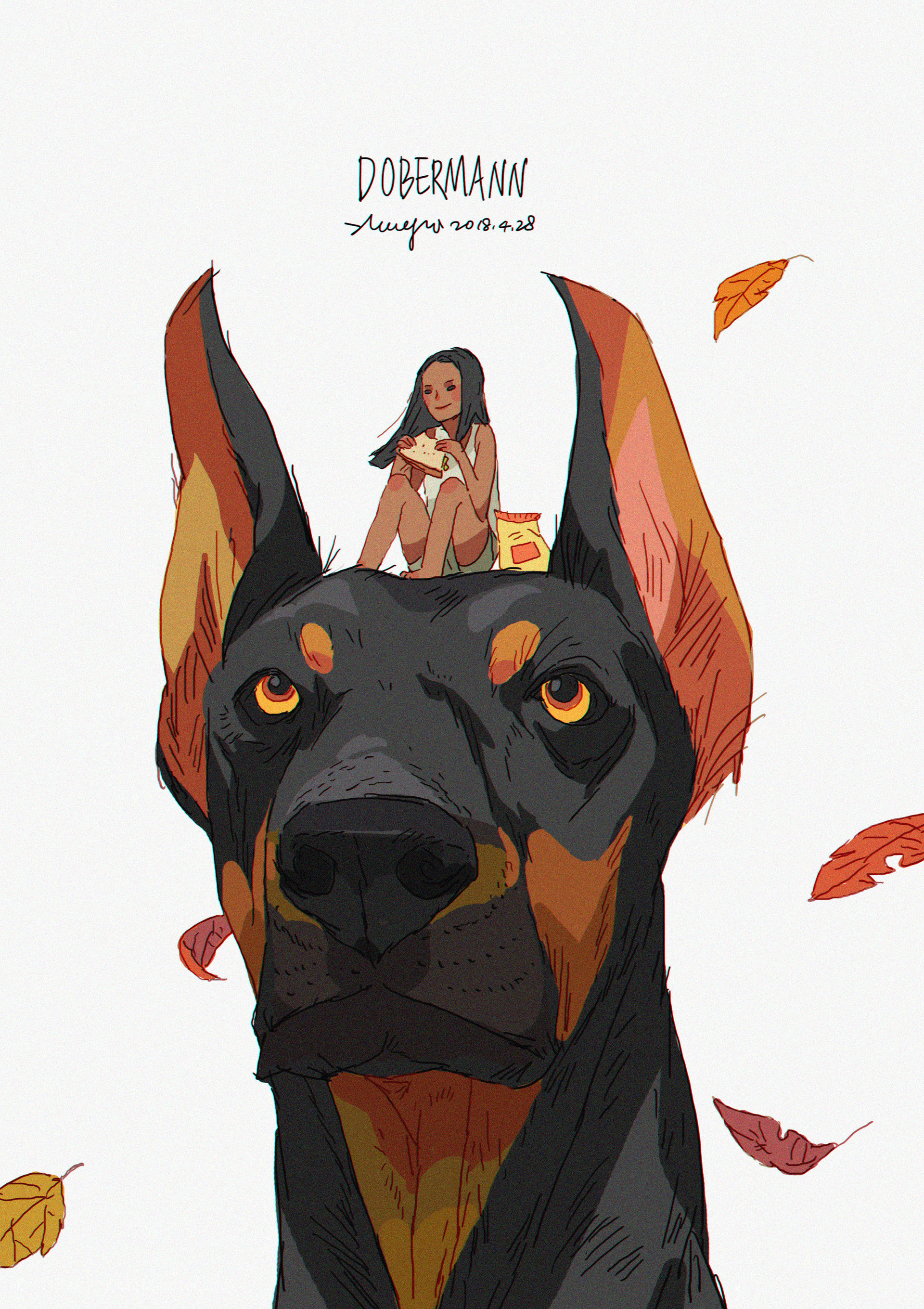 a cartoon illustration of a girl sitting on the head of a doberman. the girl is eating a sandwich while the dog looks directly at the viewer. there are leaves falling from the sky around them. the illustration is done in a simple style with black outlines and bright colors. the background is white.