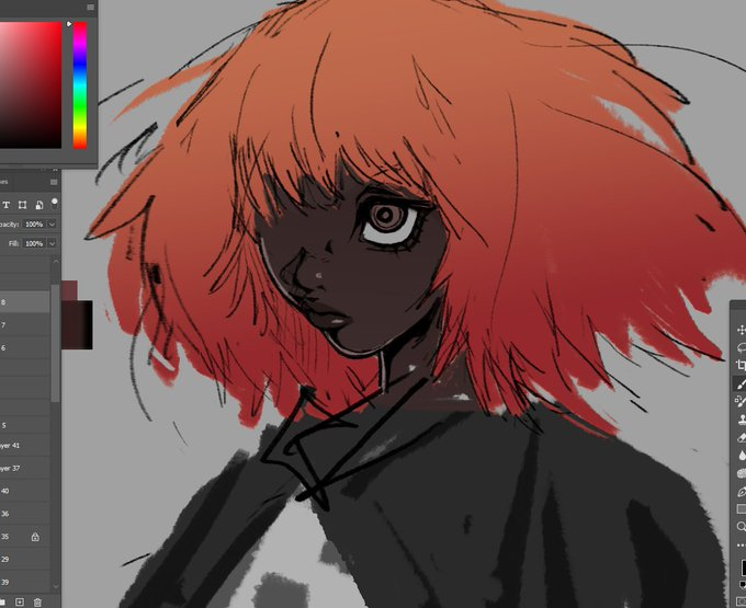 the image showcases a partially finished digital portrait of a woman. she's depicted with vibrant orange hair and dark skin, sporting a stylish bob cut.  her expression is stoic, bordering on intense, with a piercing gaze directed slightly to the viewer's left. she's dressed in dark attire, possibly a jacket or shirt, the details of which are yet to be fully rendered. the background remains a neutral gray, placing emphasis on the developing character.  the presence of a digital art software interface to the left of the image suggests that this is a work in progress. various tools and color palettes are visible, hinting at the artist's digital process. the overall aesthetic leans towards a stylized, somewhat graphic novel or animeinspired look, characterized by sharp lines and bold color choices.