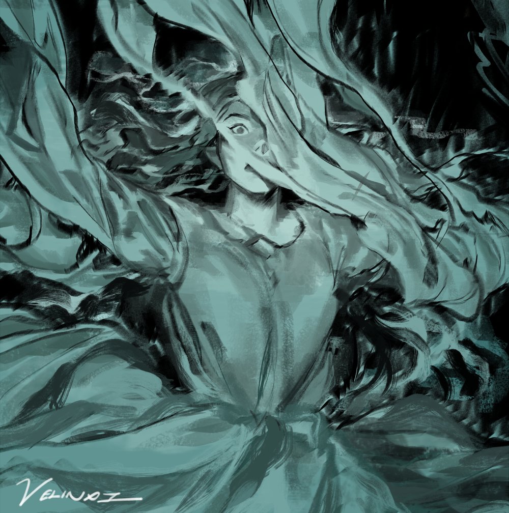 a digital painting in teal and black tones depicts a woman wearing a dress with a veil partially obscuring her face. she appears to be in motion or surrounded by flowing fabric. the background is dark and abstract. the artist's signature, velinorz, is visible in the lower left corner.