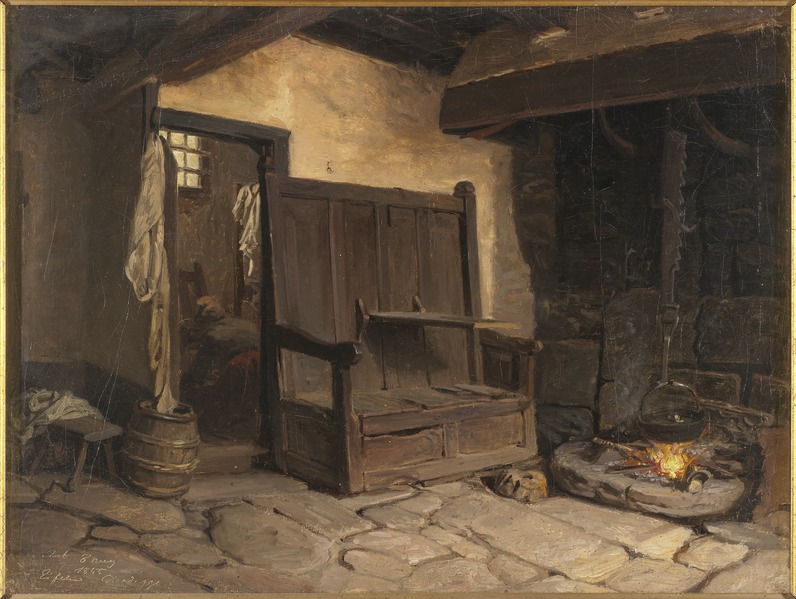 a painting depicting a rustic interior scene. a stone fireplace dominates the right side of the image, with a pot hanging over a fire. to the left, a large wooden chair or bench sits on a stone floor. in the background, a doorway reveals a figure sleeping in a chair, with clothing hanging nearby. a barrel and stool are visible near the doorway. the overall atmosphere is warm and dimly lit, characteristic of an old domestic setting.