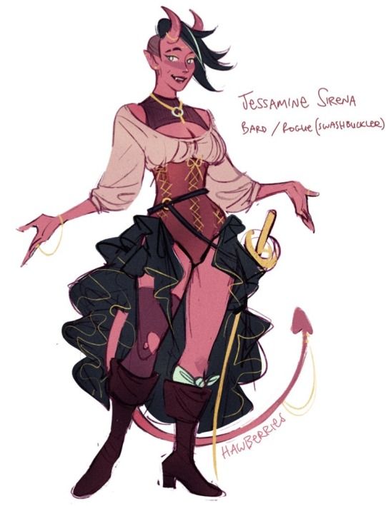 this is a drawing of a woman in a fantasy setting. she has red horns and a red tail, and is wearing a costume that makes her appear to be a demon.  her outfit includes a corset, ruffled skirt, and long boots. she has jewelry on her wrists and neck. she has a sword at her side and she is holding a golden rod in her left hand. the drawing is done in a cartoon style and features vibrant colors.