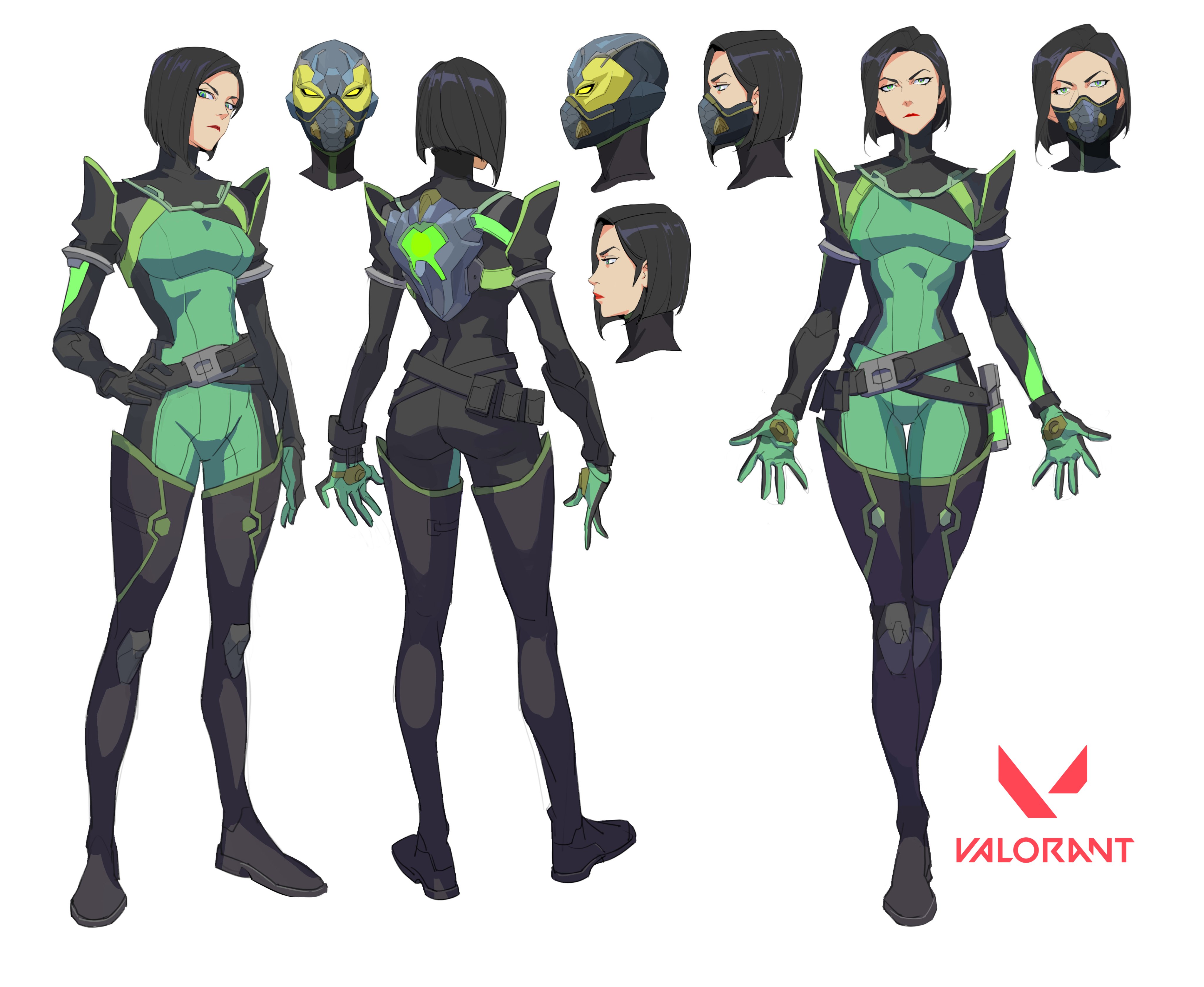 the image shows a detailed character design sheet for a female character, likely from the video game valorant. the sheet presents multiple views of the character—front, back, and side profiles—along with closeups of her head and variations of her mask. she's depicted in a sleek, futuristic suit with a predominantly green and black color scheme.  the character's design has a cyberpunk aesthetic.  the valorant logo is displayed at the bottom. the art style is clean and polished, typical of professional concept art for video games.