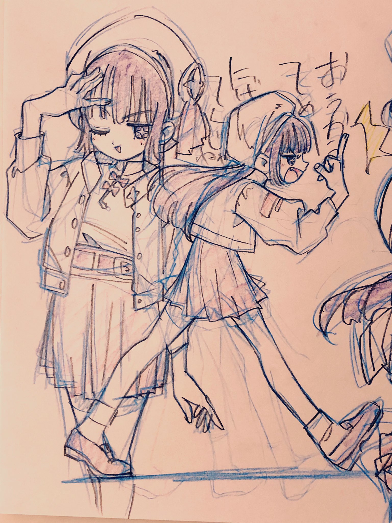 the image is a sketch of two girls in stylized school uniforms, drawn in a manga or anime style. the girl on the left is striking a pose with her hand on her hat, while the girl on the right is leaning against her and taking a selfie with a phone. their outfits incorporate elements of traditional sailor uniforms with more modern and personalized touches.