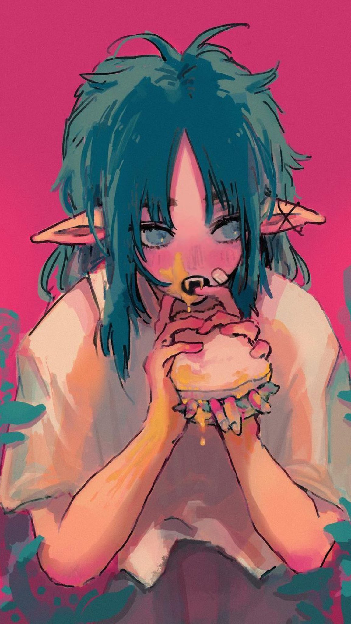 the image is a digital painting of an animestyle girl with teal hair and elf ears. she's depicted eating a messy sandwich, with drips of what seems to be sauce or mustard running down her chin and hands. the style is vibrant and colorful, with loose brushstrokes creating a painterly effect. the background is a solid pink, offset by darker teal accents around the edges. the overall mood is whimsical and slightly chaotic, reflecting the messy nature of the eating scene. the girl's expression is a mixture of enjoyment and slight messiness, contributing to the artwork's charming and engaging quality.