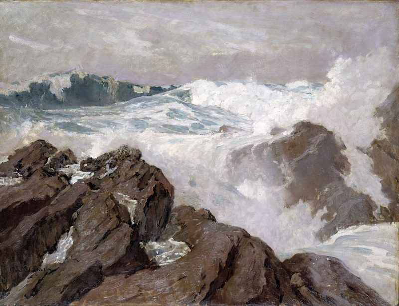 this painting depicts a turbulent seascape featuring large waves crashing against rocky outcroppings. the water is a mix of blues and whites, indicating motion and force, with white foam creating dynamic patterns. dominating the foreground are large, dark brown rocks that appear weathered by the sea. the sky is overcast with a gray tone, suggesting a stormy or unsettled weather condition. the painting conveys a sense of power and drama, capturing the untamed energy of the ocean meeting the land.