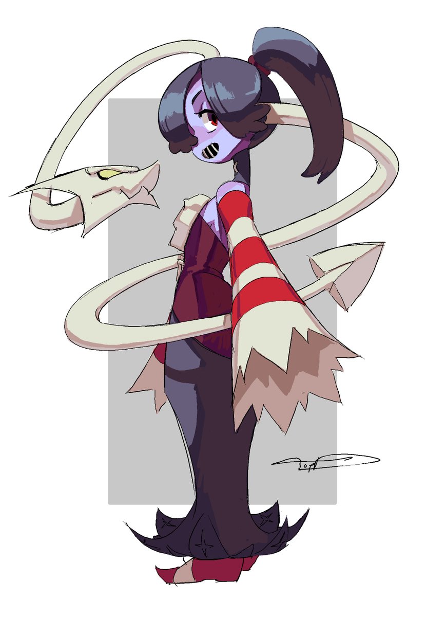 a purpleskinned girl with long, black hair tied in a ponytail is standing on a white background. she has long white snakelike arms that are red and white striped. the snakelike arms are curled up and the head of one snake is in the top lefthand corner of the image. the girl is wearing a dark red and black dress with a white collar. she has purple eyes and a dark purple mouth. the girl has an innocent expression on her face.