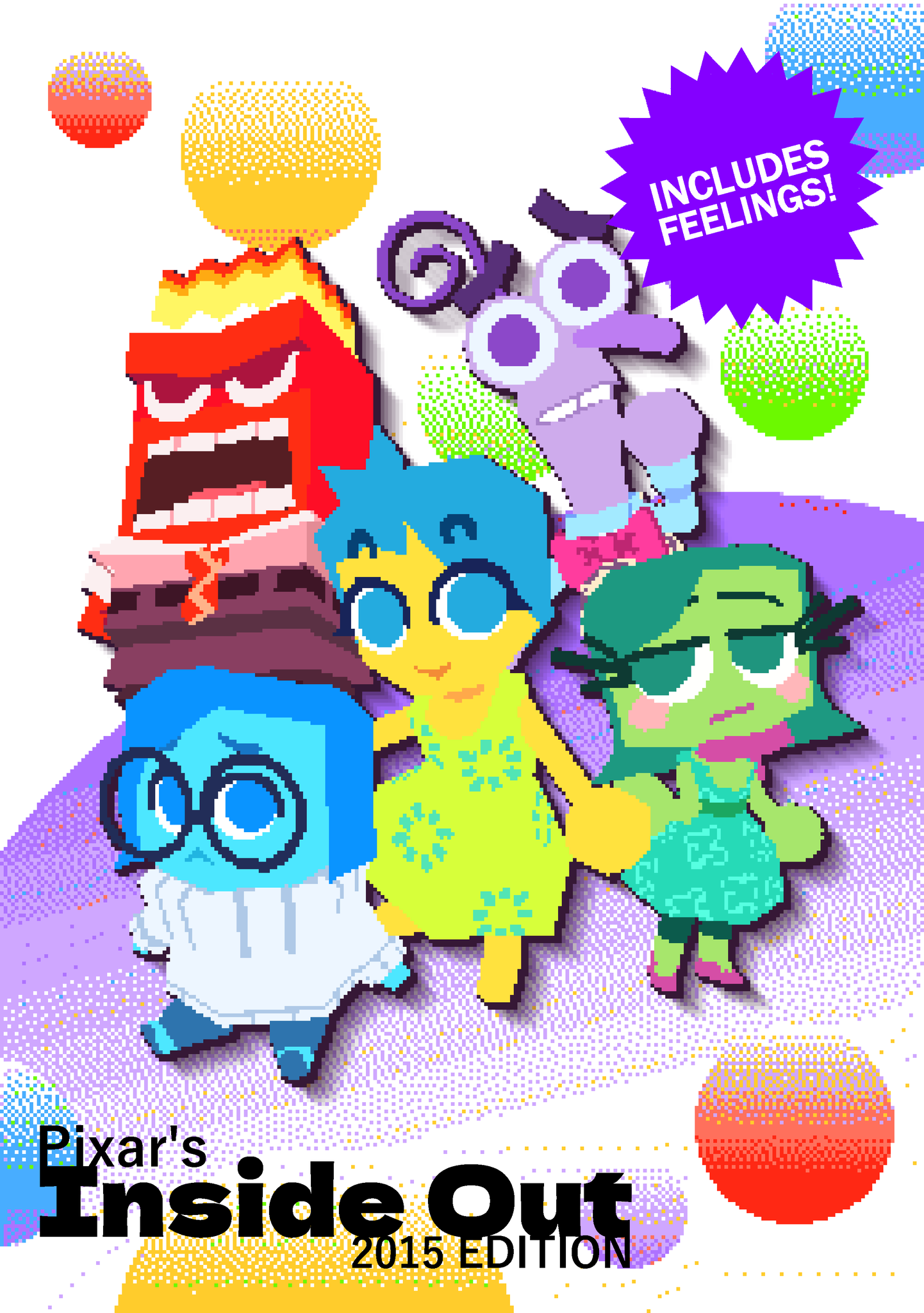 the image is a pixel art movie poster for the pixar film "inside out". it features the five emotions  joy, sadness, anger, disgust, and fear  in their characteristic colors and expressions. the background is a vibrant, abstract design with circles and dots. the title "inside out" is prominently displayed at the bottom, along with the year of release, 2015. a playful banner at the top proclaims, "includes feelings!"
