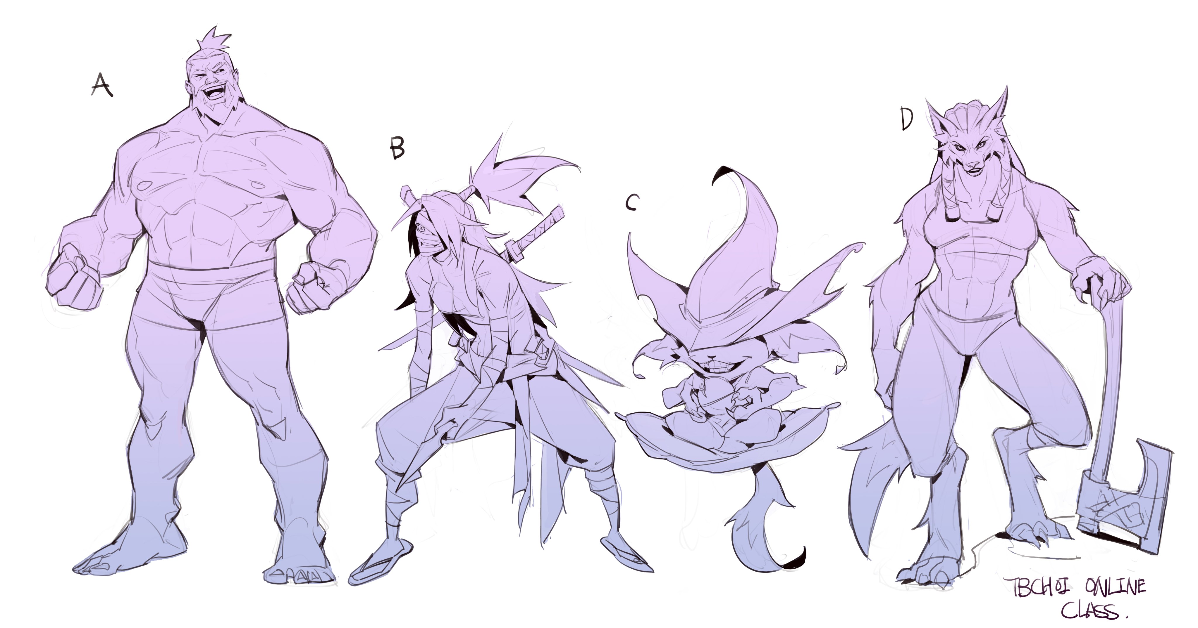 the image displays four distinct character sketches, labeled a through d, seemingly for a game or animation project.  each sketch is done in a light purple/lavender color scheme, exhibiting a consistent art style. a: a large, muscular male character, possibly a wrestler or barbarian. he's depicted in a fighting stance, emphasizing his physical strength. b:  a slender, agile male character resembling a ninja or rogue, equipped with a katana.  his attire suggests stealth and agility. c: a smaller, more whimsical character, possibly a magical creature or imp, with large ears and a pointed hat.  its design is less defined than the others. d: a strong, anthropomorphic female werewolf character, holding a large axe. her muscular build is evident, and she seems fierce and powerful.the sketches are rough, indicating an early stage of character development, and the style suggests a blend of anime/manga influences with western comic book aesthetics. the artist's signature or a class tag ("tbchoi online class") is visible in the bottom right corner.