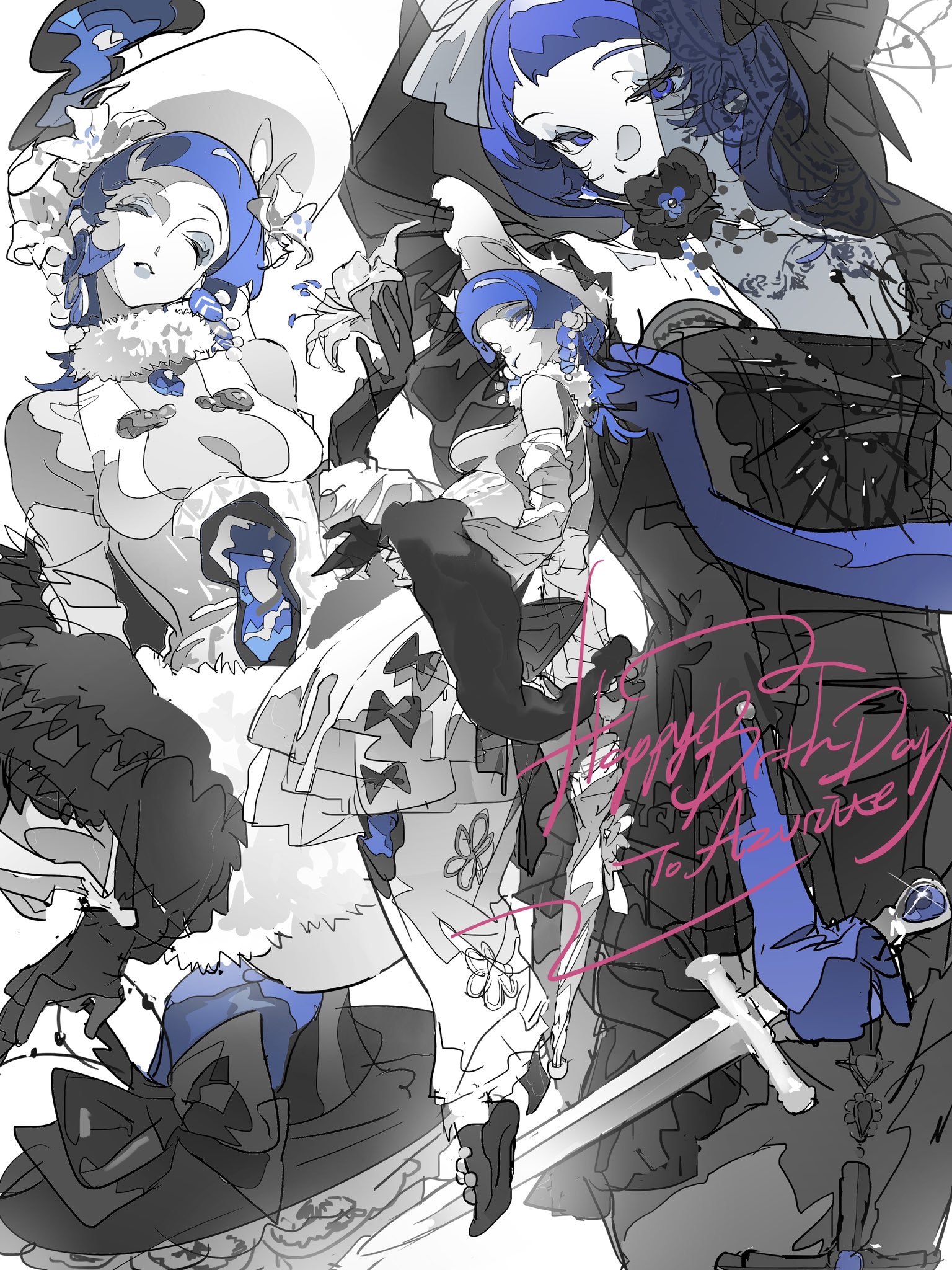 the image is a dynamic digital fanart depicting three variations of a character, likely named avarice.  the characters are primarily drawn in grayscale with splashes of bold blue in their hair and clothing. the art style is stylized anime, with expressive lines and overlapping figures creating a sense of movement and depth. one character is in a more elegant white dress, another in a darker, more gothic style black dress, and a third figure is partially obscured but appears in a simpler white dress. a sword is prominently featured in the foreground, suggesting action or drama.  the overall feeling is one of celebration and is marked with a "happy birthday to avarice" message. the artwork's level of detail is high, with carefully rendered fabrics and hair.