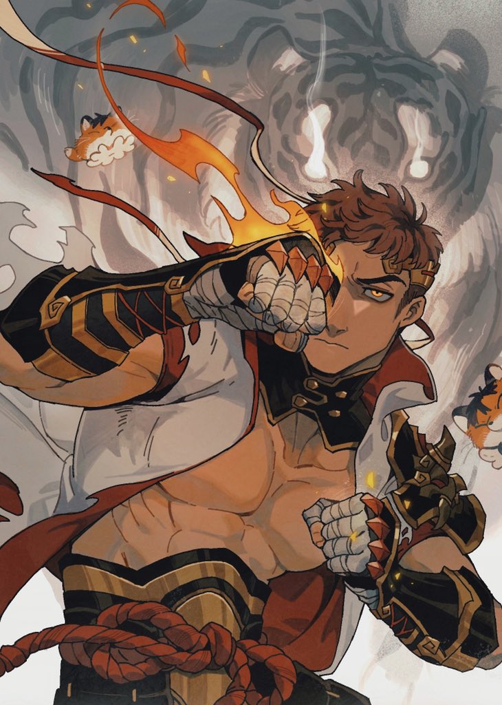 a muscular male warrior with short brown hair and a determined expression dominates the image. he wears ornate armor with red and gold accents and is throwing a punch, his hand engulfed in fiery energy. a ghostly tiger with glowing eyes looms behind him, partially obscured by smoke. two smaller, stylized tigers, also with fiery energy, are visible in the upper left and lower right corners. the overall palette is warm, with a strong emphasis on oranges and browns, further accentuated by the fiery elements.