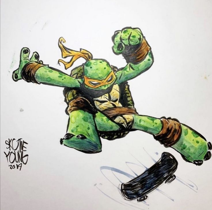 this is a drawing of a teenage mutant ninja turtle, specifically michelangelo.  michelangelo is skateboarding and is midair with his orange mask and bandana showing. the turtle is green and has a shell on his back. his right hand is in a fist and his left hand is extended as he skates. he has a black skateboard with wheels. the drawing is done in black and white ink with some green, orange, and brown watercolor. there is a light blue watercolor outline of the skateboard trail. in the bottom left corner, there is a signature with the name "skottie young" and the date "2019".
