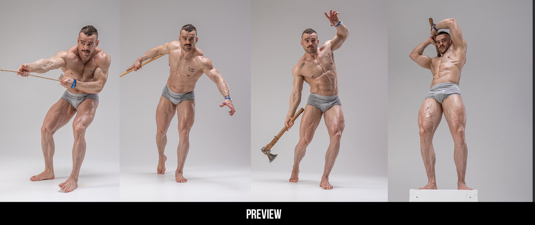 the image showcases a muscular man in four different poses. he is wearing grey underwear and is showcasing his welldefined physique. in the first pose, he is pulling a rope. the second pose shows him holding a wooden stick. the third pose displays him holding an axe. and in the final pose, he is standing on a platform, with his arms crossed. all four poses highlight the man's muscularity and strength. the white background and the studio setting provide a clean and focused backdrop for the subject. the image is a perfect example of a fitness or bodybuilding photoshoot.
