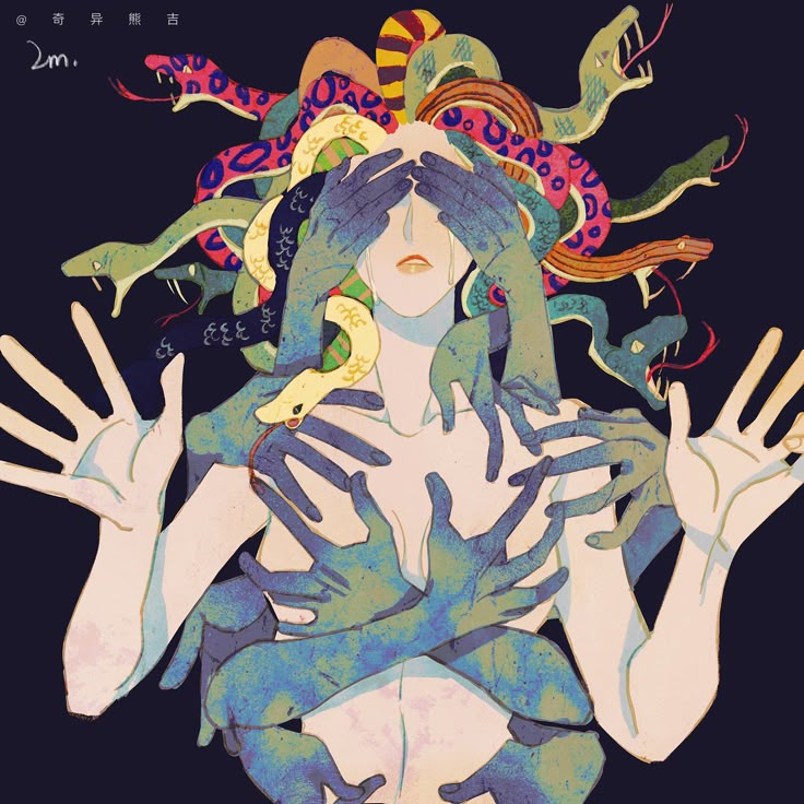 the image is a stylized illustration depicting a woman, likely medusa, with snakes in place of hair. her eyes are covered by hands, and she appears to be crying. many additional hands are depicted around her body, some gripping or reaching out. the color palette includes blues, greens, yellows, and pinks.
