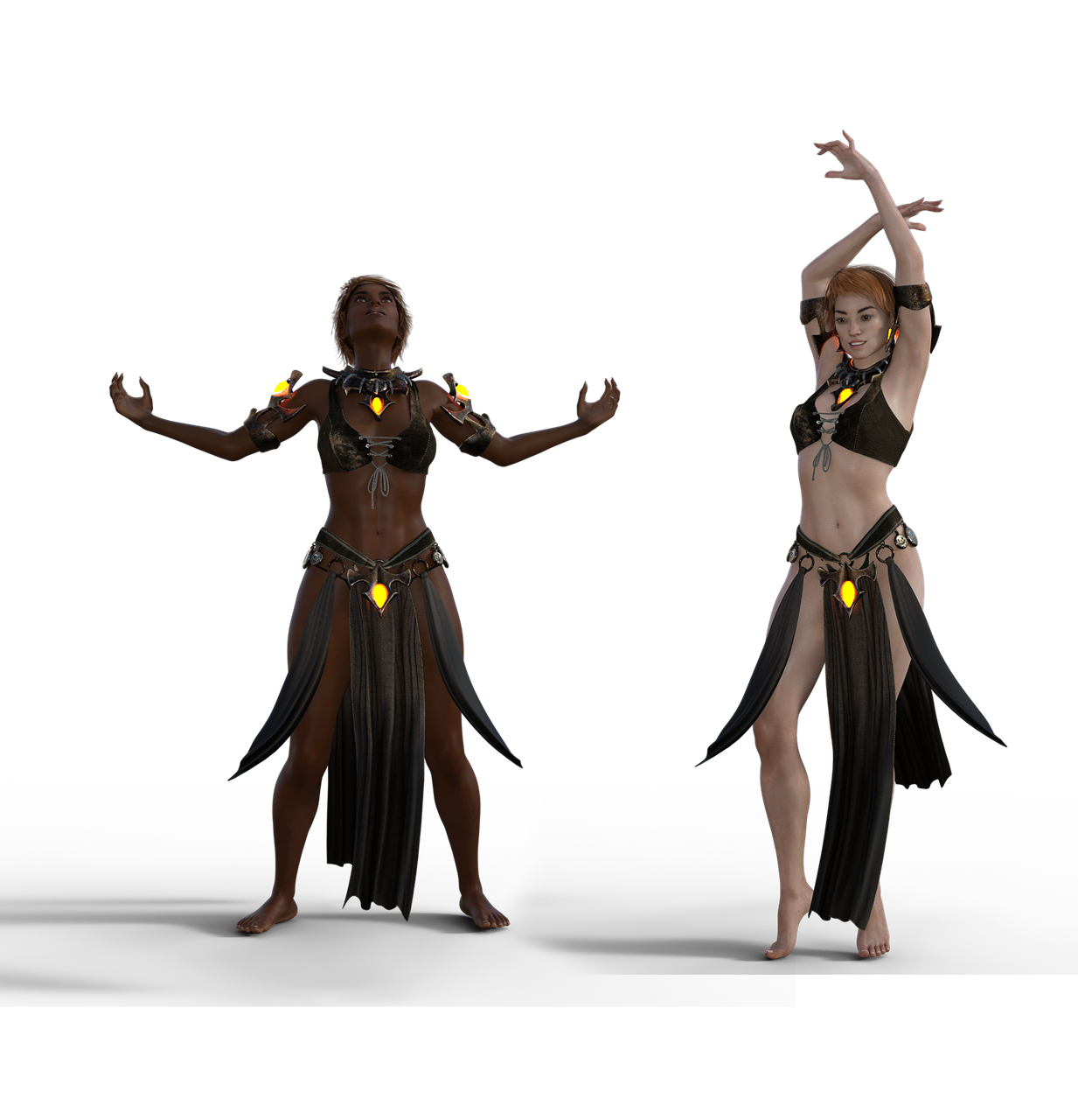two women dressed as belly dancers are posed on a black background. both women are wearing matching black costumes featuring a bra top, skirt with long side panels, and jewelry with yellow gemstones. the woman on the left has her arms extended outward, palms up, and is looking upward. the woman on the right has her arms raised with her hands crossed and is looking forward.