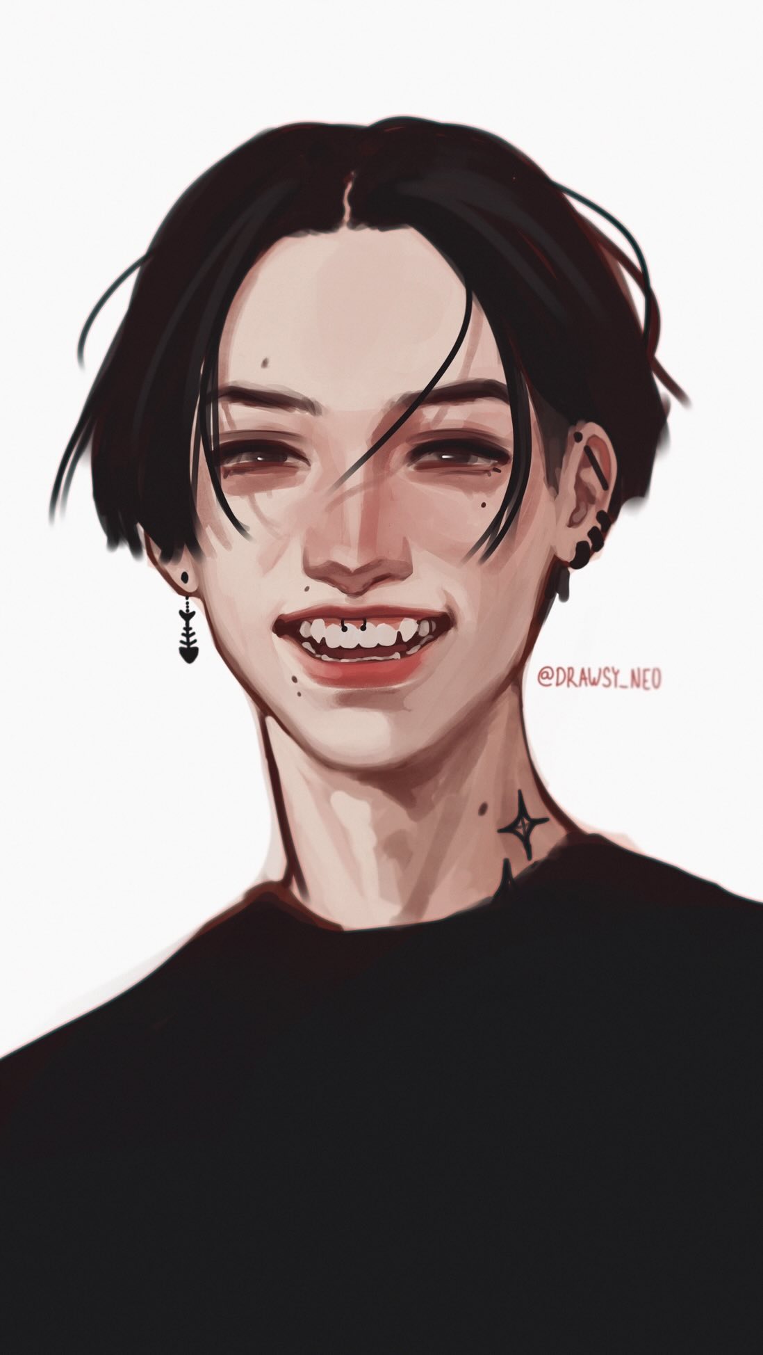 the image is a digital drawing of a stylized animestyle young man. he has short, dark hair, expressive eyes, and is smiling broadly, revealing slightly irregular teeth. he's wearing a simple black turtleneck shirt. he has small, delicate earrings and a subtle tattoo on his neck. the art style blends realistic shading and rendering with animelike features, resulting in a unique aesthetic. the overall mood is cheerful and slightly edgy. the artist's tag, "@drawsy_neo," is visible in the image.