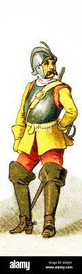 a detailed illustration of a 17th century european soldier, depicted in full uniform, wearing a helmet and carrying a musket and sword. the artwork is done in a vintage style, with intricate details and a sense of historical authenticity. the soldier is shown standing in a stoic pose, ready for battle.