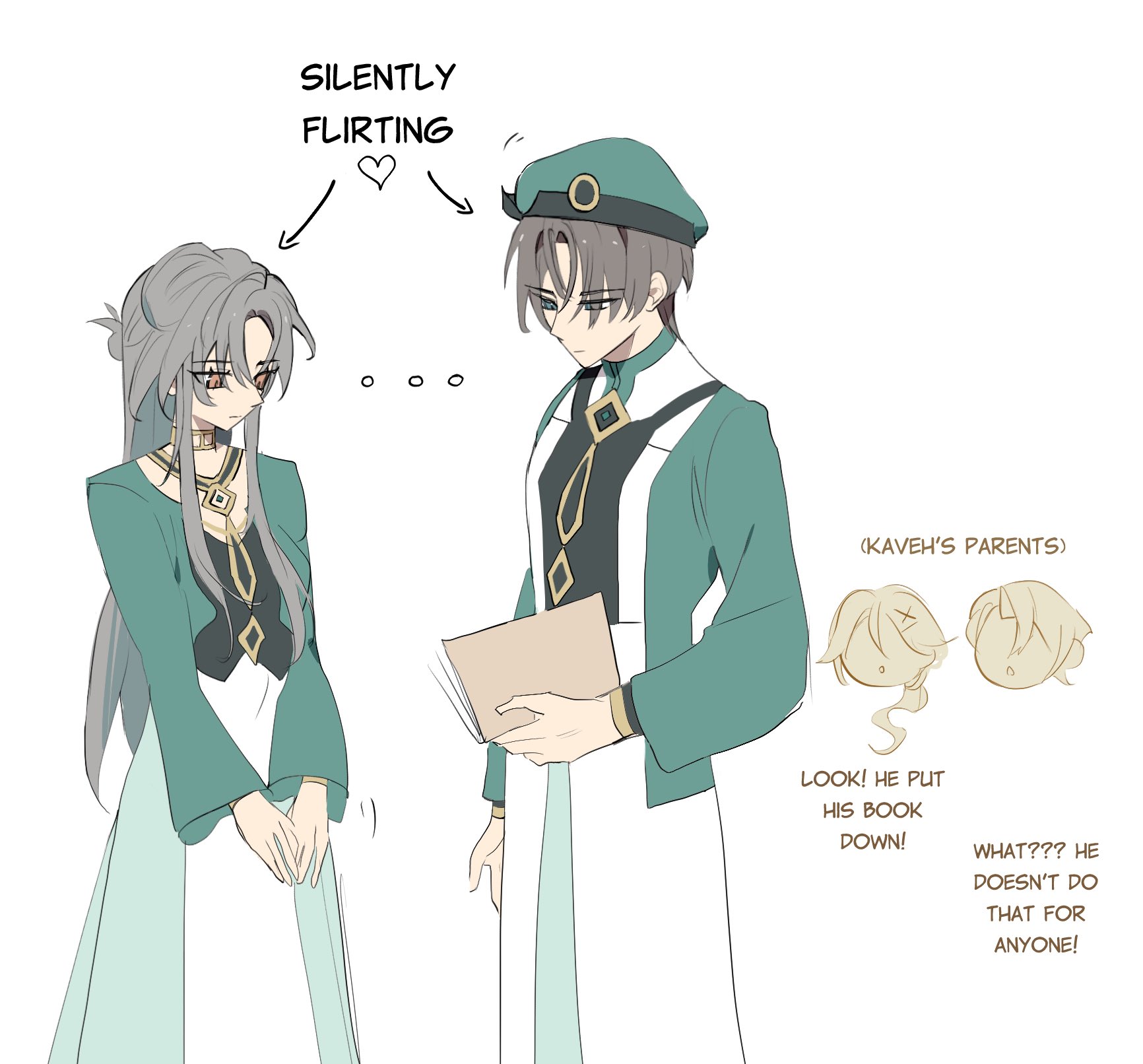 the image depicts a humorous and charming scene from an anime or manga. two characters, a male and a female, are portrayed in a visually appealing style. the male character, with a green hat and jacket, is seen putting down a book, while the female character, with flowing grey hair, stands slightly behind him and gazes at him with a bashful expression. the text bubbles reveal that the male character is silently flirting with the female character, while the female character seems to be flustered by his actions. the humorous element is emphasized by the speech bubble near the male character, stating that he's doing something he usually doesn't do for anyone else. the image suggests a lighthearted and playful interaction between the characters, hinting at a budding romance. the clean lines, vibrant colors, and adorable character designs contribute to the overall charm and appeal of the illustration.