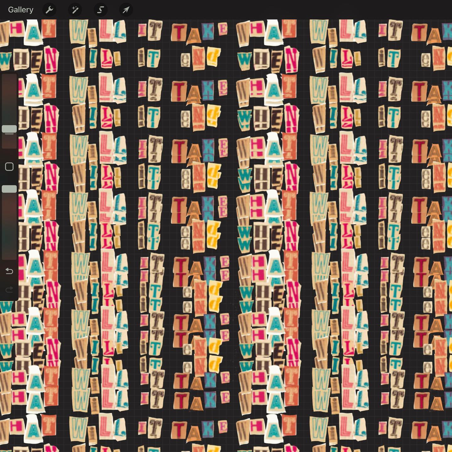 this is a graphic design featuring a ransom notestyle pattern of letters and words, creating a visually textured and abstract composition.
