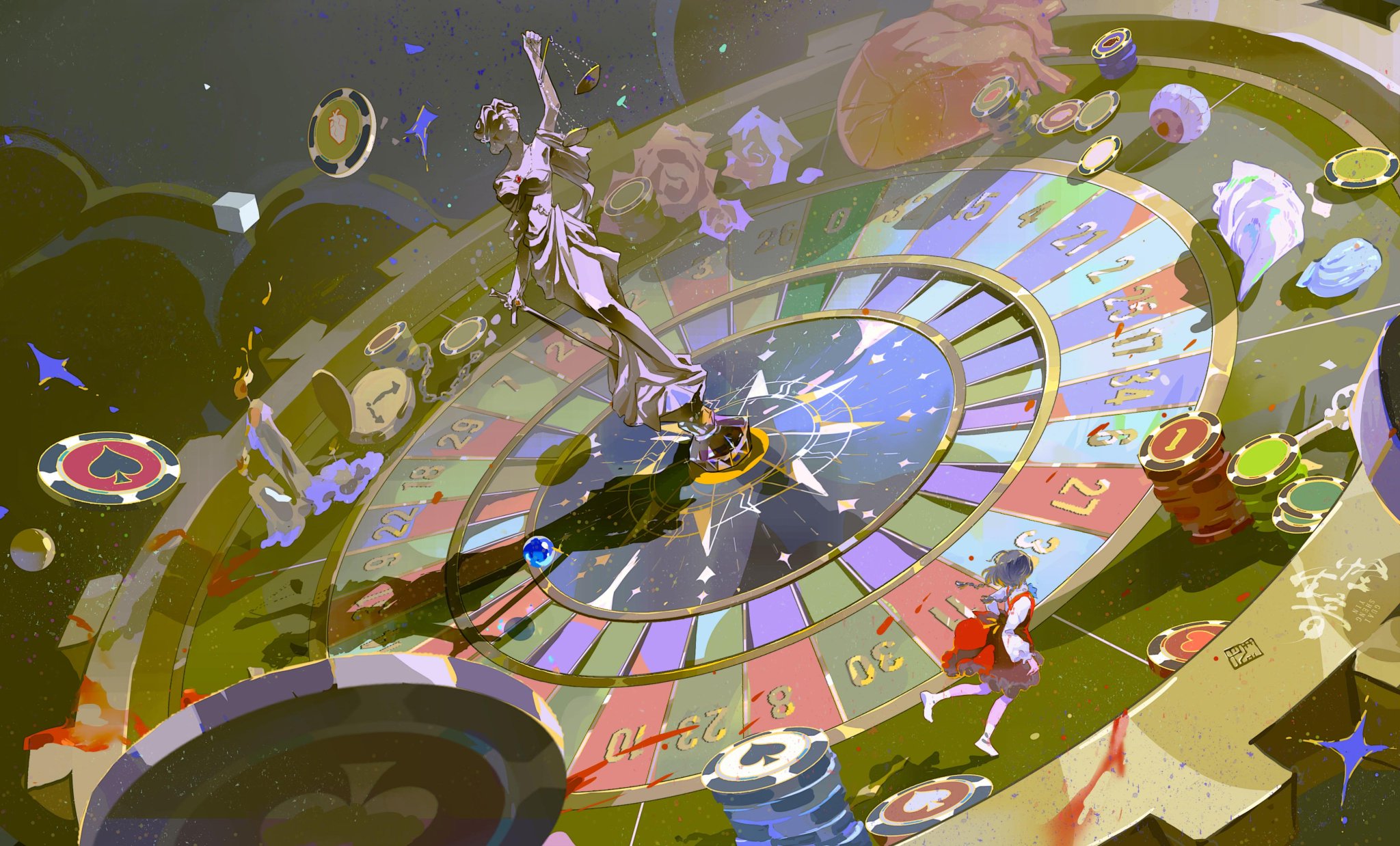 the image depicts a casino setting with a giant roulette wheel in the center. a figure of lady justice stands atop the wheel, holding a sword and scales, symbolizing justice and fairness. a young girl with red hair and a white dress is seen walking towards the wheel. around the wheel are various casino chips, cards, and other imagery, such as a heart, an eye, and seashells, signifying the chance and fortune associated with gambling. the image is vibrant and detailed, featuring a mix of colors and textures, creating a surreal and whimsical atmosphere.
