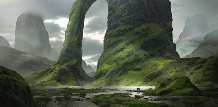 a landscape featuring massive mosscovered mountains with a natural arch formation. a small figure on horseback is near the water in the foreground. the scene is set on a cloudy day with distant mountains in the background. the foreground has a river with rocks and green vegetation.
