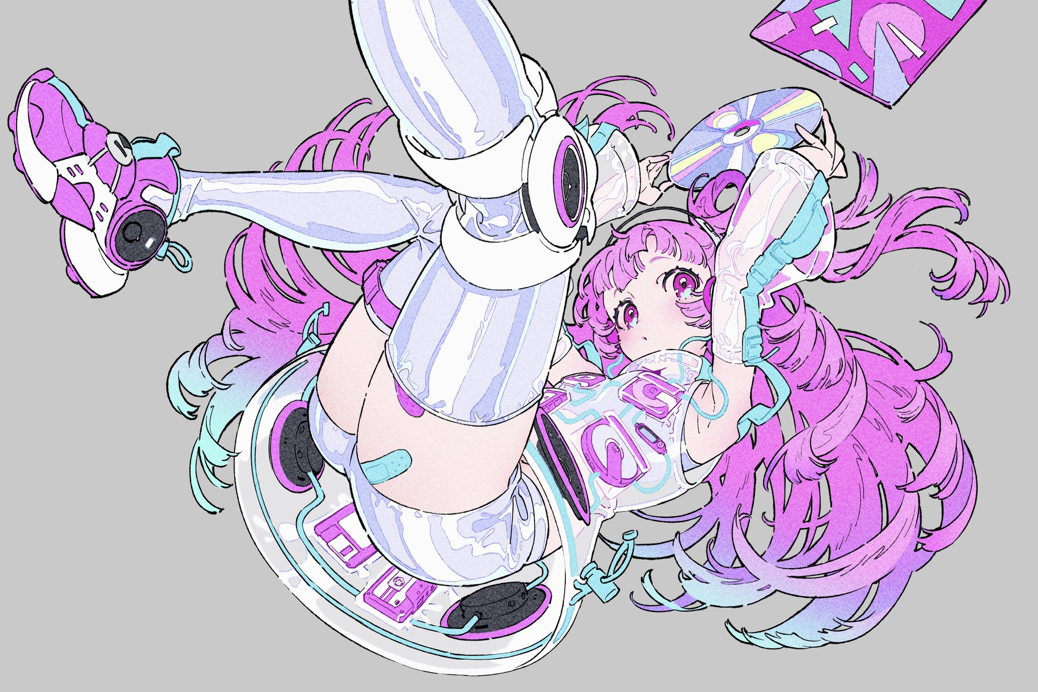 a vibrant animestyle illustration of a girl immersed in a musical world. she is depicted upside down, emphasizing a dynamic and energetic pose. her attire, a blend of futuristic and streetwear elements, features a white crop top with pink accents, very short shorts, and thighhigh socks, all adorned with musicrelated motifs. her pink hair cascades around her, further adding to the sense of movement. she holds a cd, possibly symbolic of her passion for music, while her other hand is positioned on a stylized, futuristic turntable, possibly a representation of her musical creativity.  the overall aesthetic leans towards cyberpunk and futuristic themes, enhanced by the vibrant color palette and dynamic composition.