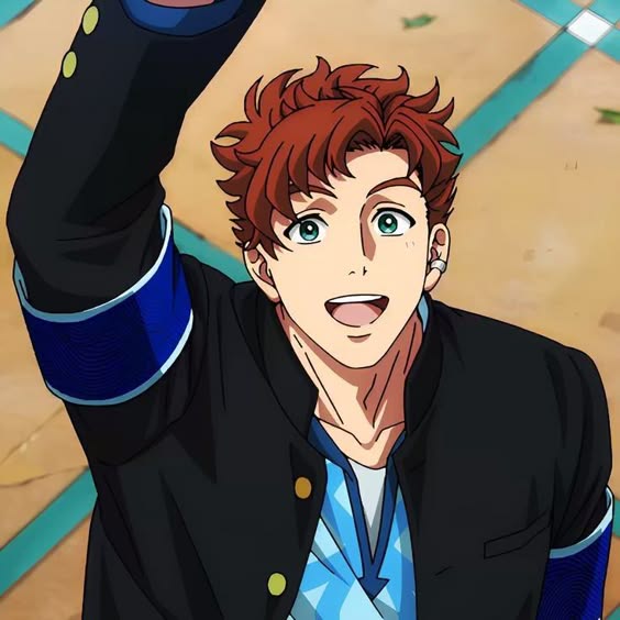 an anime character with red hair, blue eyes, and a happy expression is wearing a black jacket with a blue armband, a white undershirt, and a blue and white patterned shirt. he is smiling and looking up, with his arm raised in the air. the background is blurred and shows a blue and white pattern.  this appears to be a sportsthemed character from an anime.