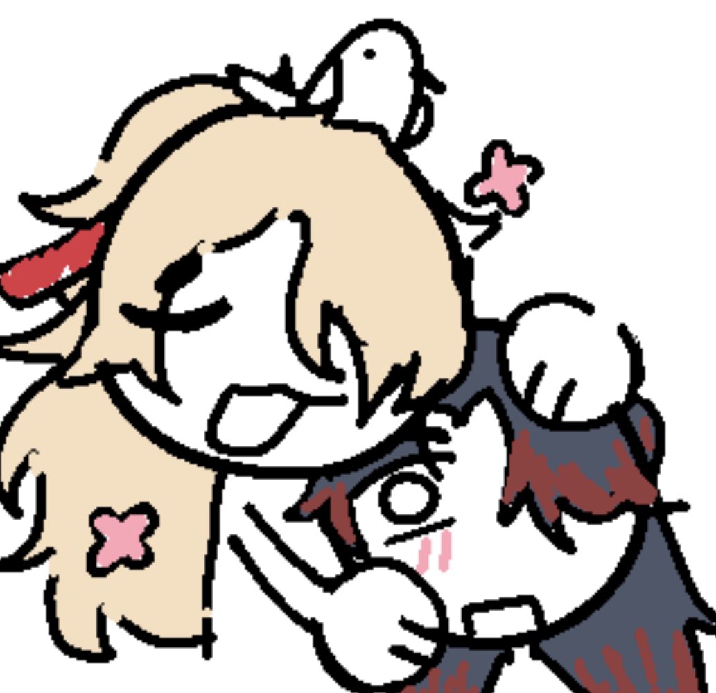 a drawing of two girls, one with light brown hair and the other with dark brown hair, hugging each other and smiling.  the girl with light brown hair is wearing a white dress, while the girl with dark brown hair is wearing a blue shirt. both girls have white skin and pink cheeks. the background of the drawing is white. the drawing is done in a cartoon style and uses a variety of colours.