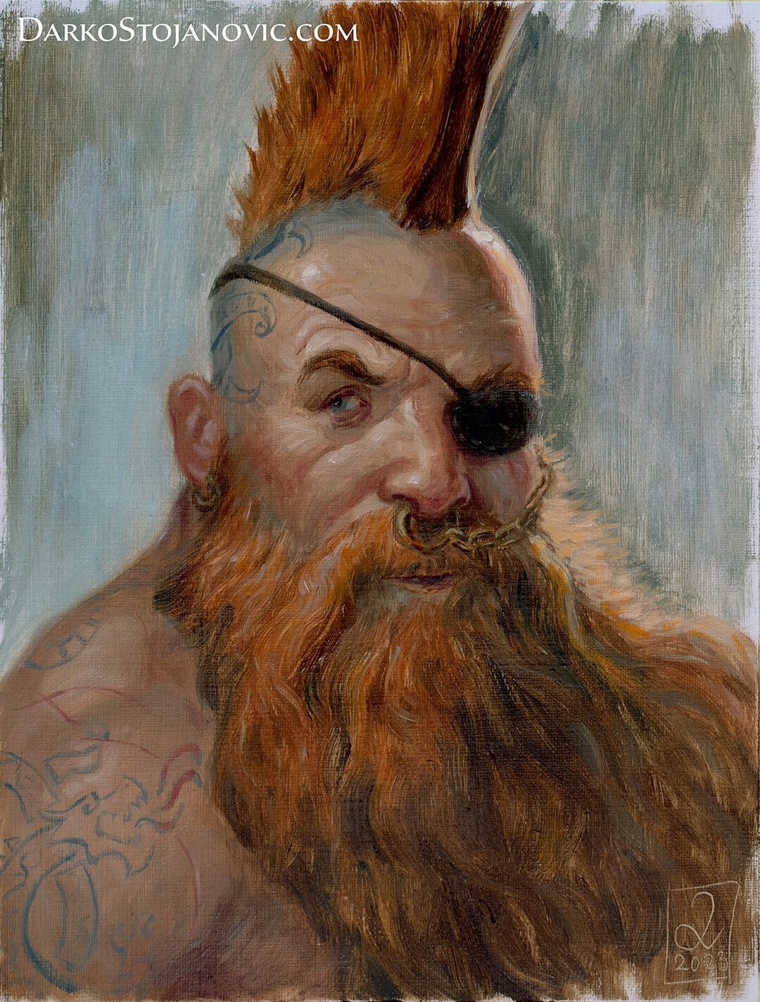 a portrait painting of a dwarf with a mohawk, tattoos, and an eyepatch. the dwarf is depicted from the chest up, and he has a long, red beard. the painting is in a traditional style, and it is welllit.