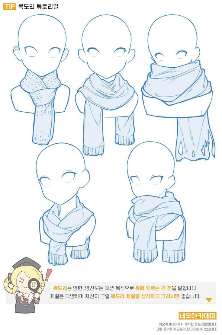 this is a tutorial on how to draw different types of scarves on anime characters. there are five examples shown in the image, each with a different way to wrap the scarf around the neck. the tutorial also mentions that the material of the scarf can be varied for different looks. the image is drawn in a simple, clean style with blue lines.  at the bottom of the page there is a little girl holding a magnifying glass with an exclamation mark.