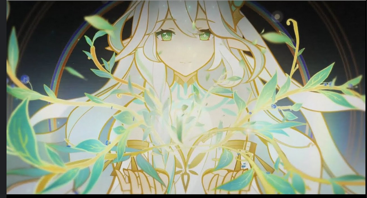 the image depicts a beautiful anime girl with long, flowing white hair and striking green eyes. she is surrounded by glowing, ethereal leaves and branches, creating a sense of magic and wonder. the overall tone of the image is soft, gentle, and peaceful, evoking a feeling of dreamlike beauty and mystery.