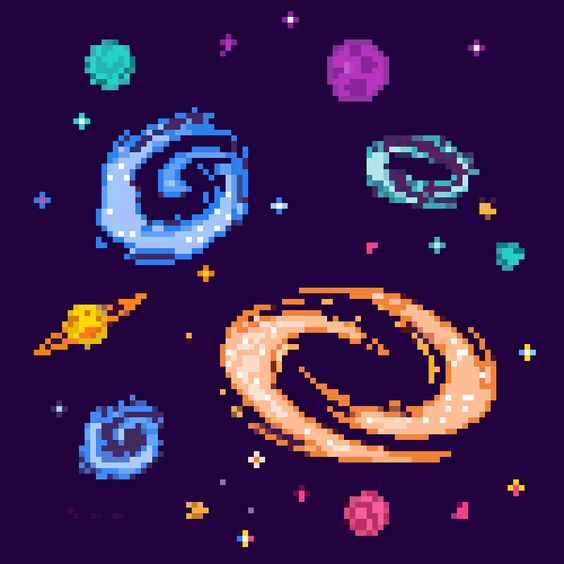the image is pixel art depicting a vibrant outer space scene. it features stylized planets of various colors, including blue, orange, and pink. swirling galaxies in blue and orange hues are prominent elements, suggesting movement and cosmic energy. small white and yellow stars are scattered throughout the dark background, enhancing the depth and vastness of the scene.