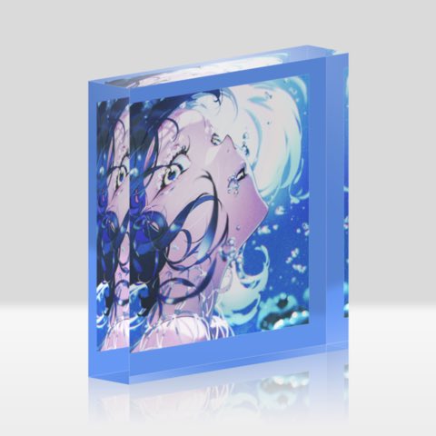 this is an acrylic block featuring an animestyle illustration of a young woman underwater. her expression is serene yet slightly melancholic, with her eyes wide open as if in wonder or surprise. her hair, a mix of dark and light shades, flows freely around her, blending with the surrounding bubbles and creating a sense of movement. the overall color palette is dominated by cool blues and purples, enhancing the dreamlike underwater atmosphere.