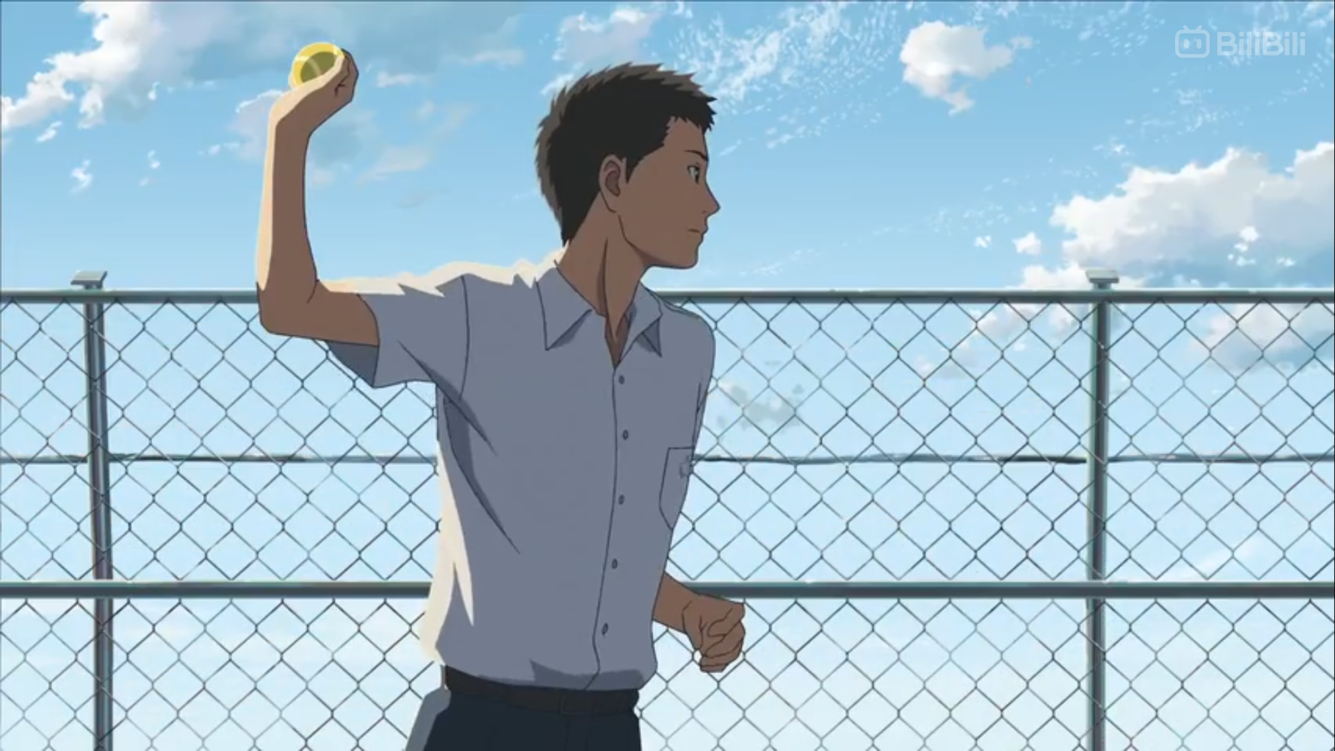a young man, depicted in an anime style and wearing a white shortsleeved shirt and dark pants, is captured in midthrow against a backdrop of a bright blue sky dotted with fluffy white clouds. he is positioned in front of a chainlink fence, suggesting an open space behind it. the focus is on his dynamic pose as he throws a yellow object, possibly a tennis ball, with his right hand. the overall impression is one of youthful energy and a sense of liberation.