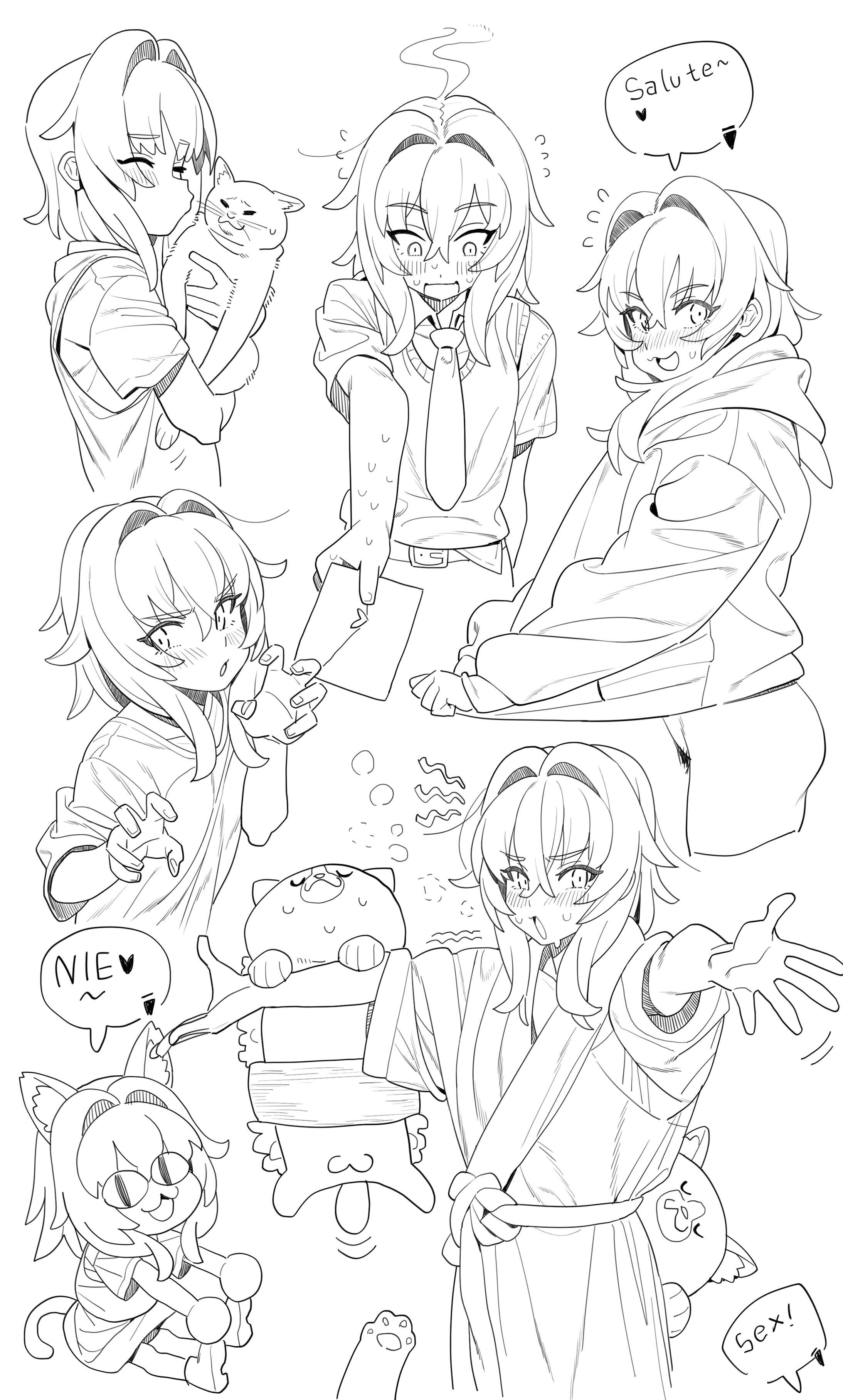 the image is a black and white sketch featuring an anime girl in various poses alongside a cat. the girl is depicted in different scenarios, including holding a cat, wearing a uniform with a tie, and wearing a hoodie. speech bubbles with text such as "salute~", "nie♥", and "sex!" are present. the girl exhibits expressions of sweat and blush. one instance shows the girl depicted as a catlike character.