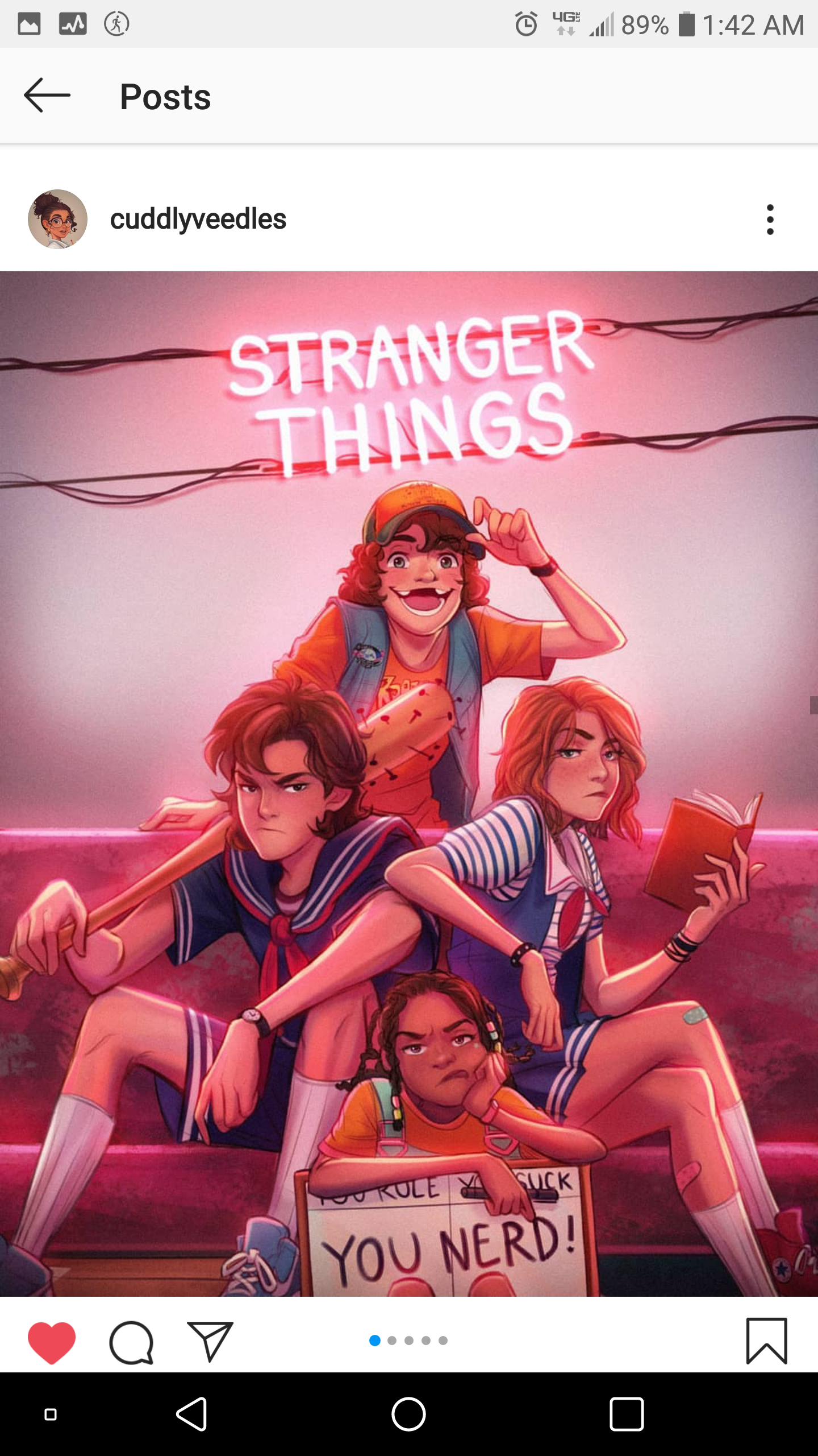 fan art depicting characters from the tv show stranger things. from top to bottom: dustin henderson, steve harrington, robin buckley, and erica sinclair. behind them is a neon sign that says "stranger things." in erica's hand is a whiteboard with "you rule you suck you nerd!" written on it.