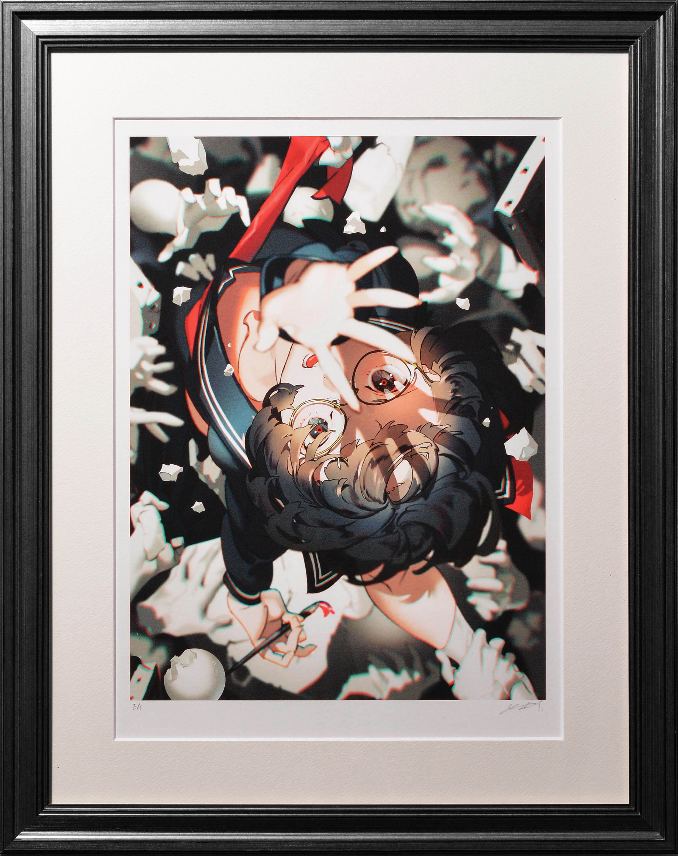the artwork depicts a young woman in a school uniform falling through a dark, abstract space.  she's surrounded by disembodied white hands, some reaching towards her and others crumbling around her. the perspective is from below, looking up at the girl as she reaches out with one hand. she wears round glasses and holds a paintbrush in her other hand. her expression is a mixture of fear and determination. the lighting is dramatic, casting deep shadows and highlighting the girl against the dark background.