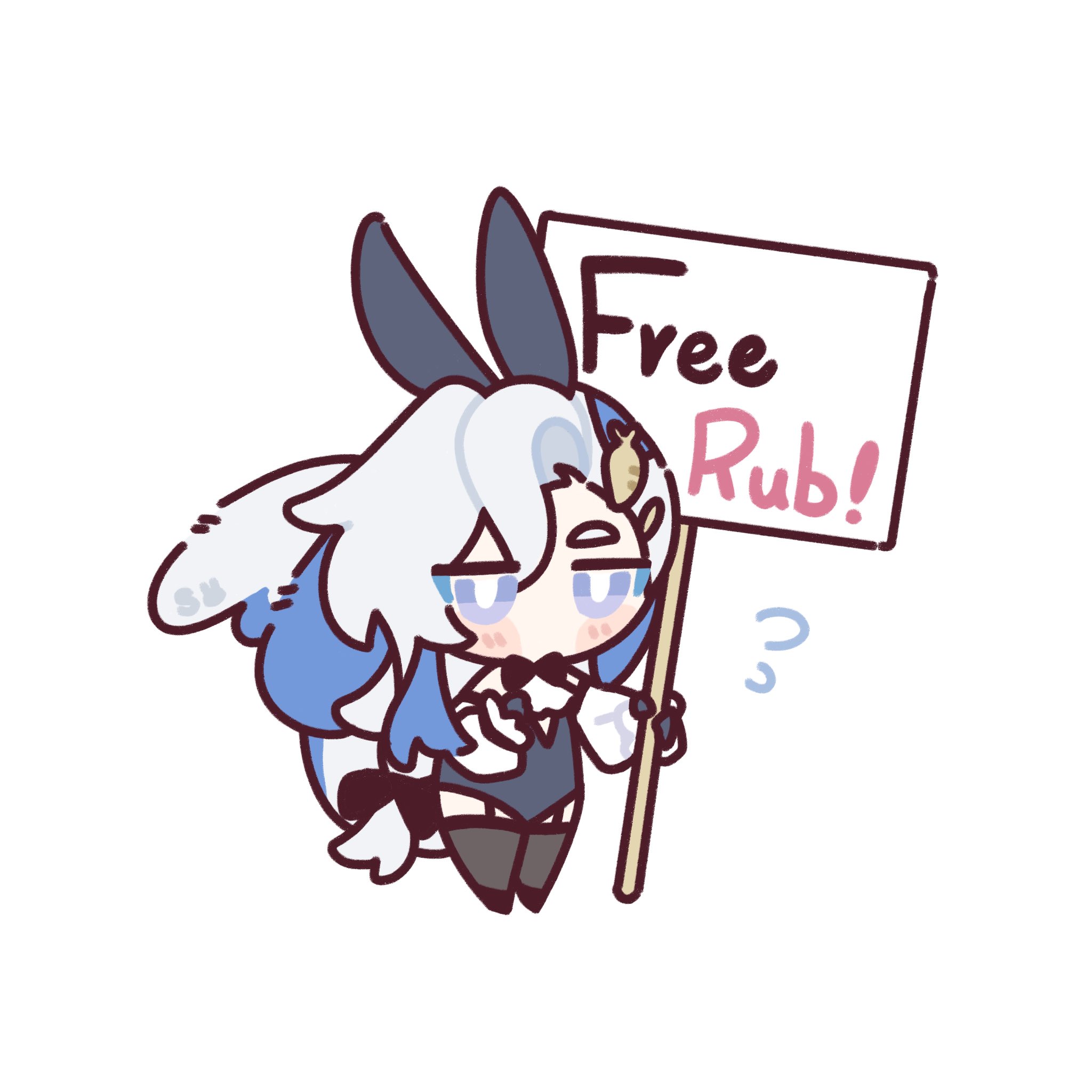 the image is a digital drawing of a chibistyle anime girl.  she's dressed in a bunny girl outfit (black and white with bunny ears) and has long, light blue hair. she appears slightly exhausted or bored. she holds a sign that reads "free rub!"  the art style is cute and kawaii, featuring rounded lines and soft colors. the overall tone is lighthearted, although the girl's expression is somewhat weary.