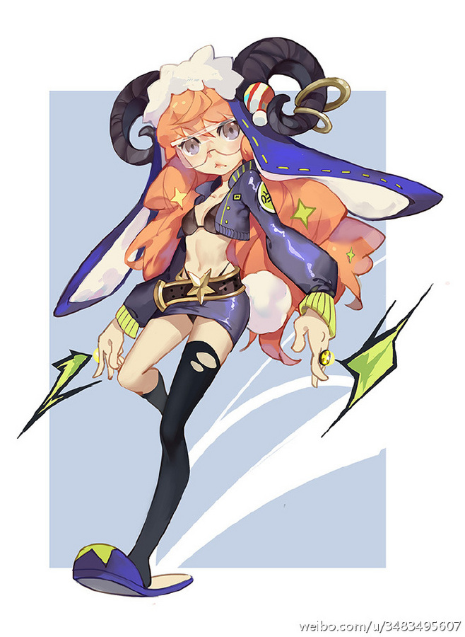 the illustration showcases a single, stylized female character set against a plain, light blue background.  she has vibrant orange hair and wears a blue and white hooded jacket with prominent bunny ears attached.  her attire includes a black bikini top, a short blue skirt with a yellow star, ripped black stockings, and blue shoes adorned with yellow stars. noticeable details include ram horns peeking out from under her hood and green, stylized lightning bolts flanking her. her overall design leans towards a playful and energetic aesthetic.