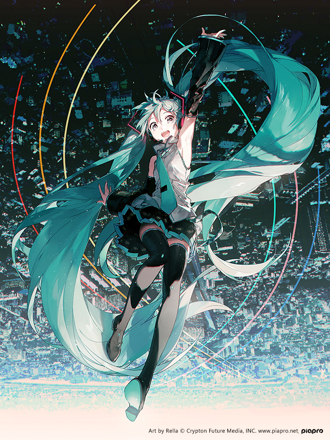 the image features hatsune miku, an anime character with long, flowing turquoise hair, set against a cityscape background. the artwork has a digital, stylized aesthetic, and the character is posed dynamically.