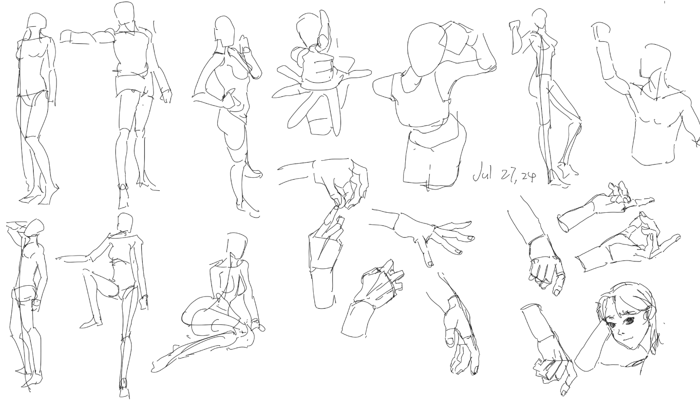 a page from an artist's sketchbook filled with various figure drawing and anatomy studies. the sketches are primarily line drawings, focusing on capturing gesture, form, and the structure of the human body. there are multiple studies of hands in various positions, as well as several fullbody figures in dynamic poses.  the artist seems to be exploring different approaches to line weight and simplification of forms.