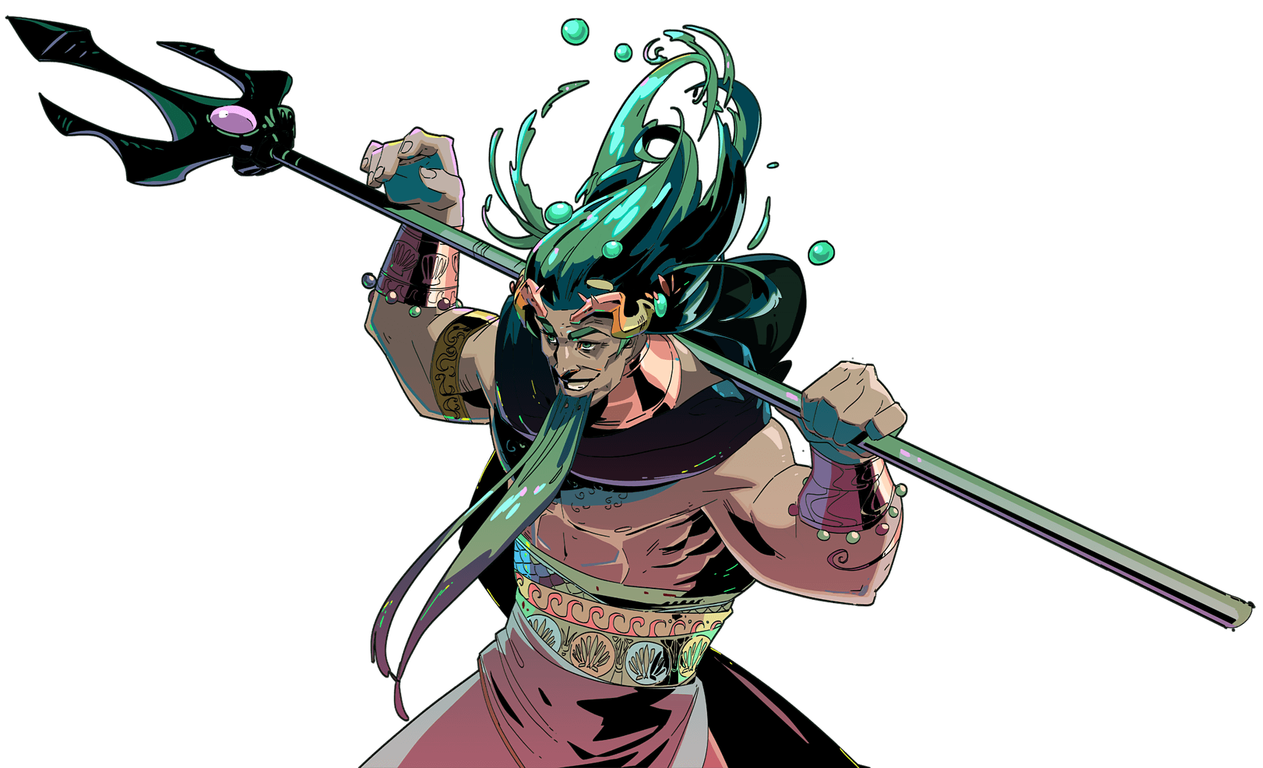 a warrior with long green hair, holding a trident spear with a gold ornate design. he is wearing gold bracelets and a belt that has a sea shell design on it. his face is fierce as he is ready for battle.  the drawing is done in a cartoon style.