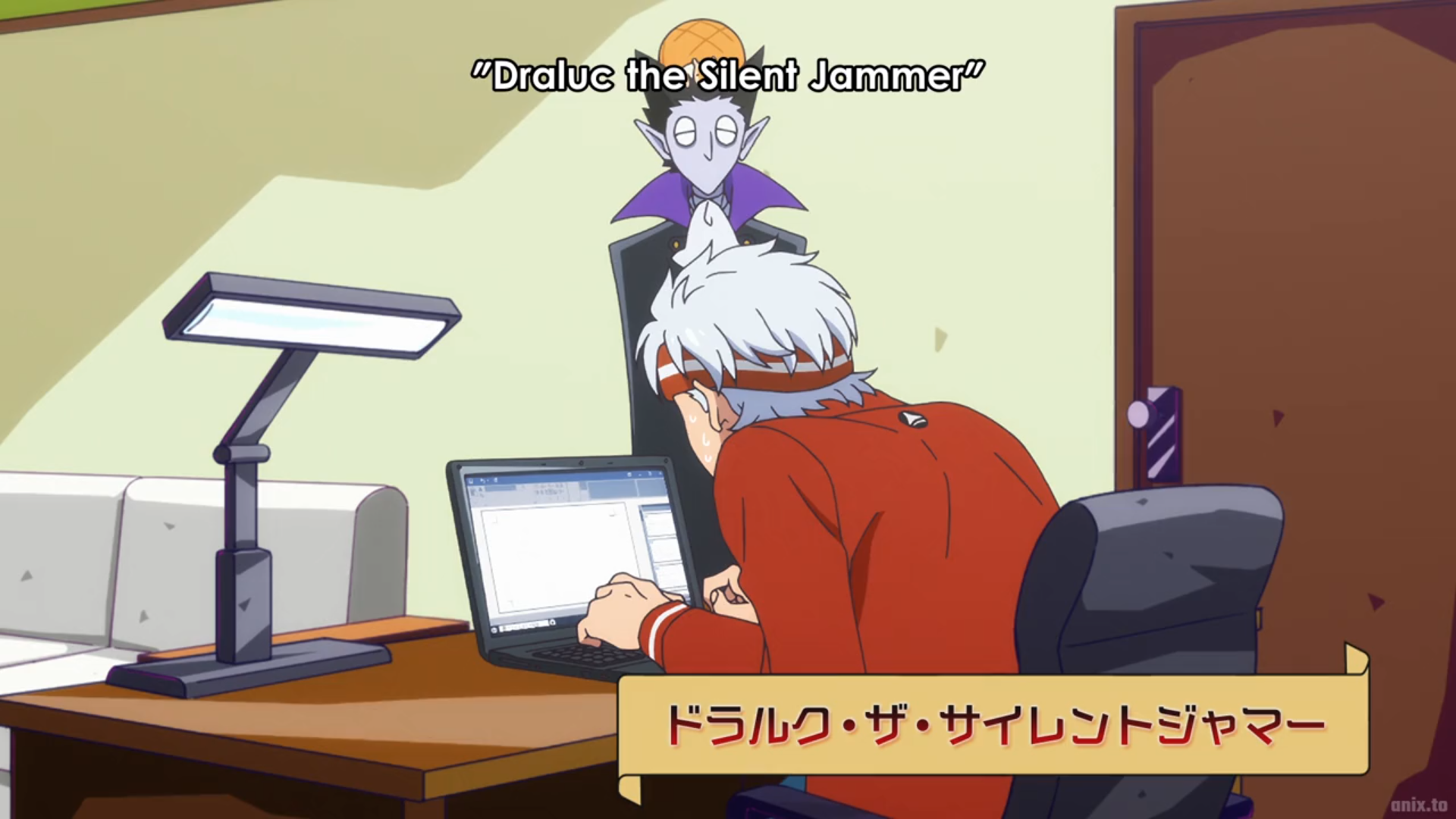 a man with white hair and a red jacket sits at a desk in a room. the man is facing a laptop. a poster of a basketball player hangs on the wall behind the man.