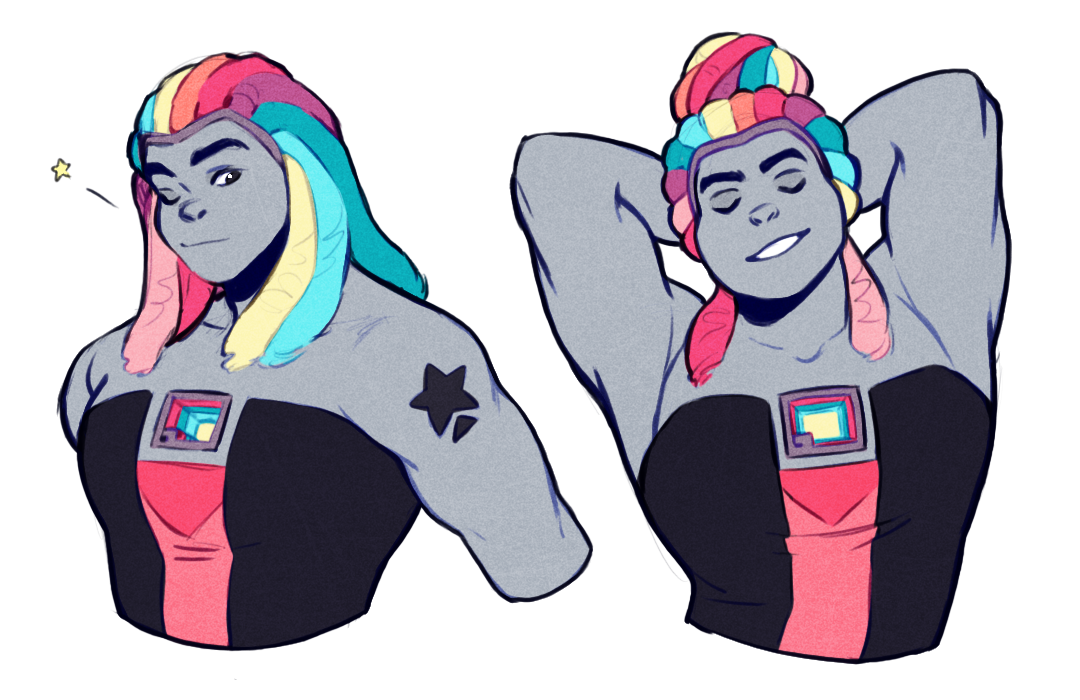 this is a drawing of a character with gray skin and colorful, rainbow dreadlocks styled in two different ways: down, and tied up in a bun. they are wearing a black, pink, and red dress and have a pink square gem and a star tattoo on their arms.