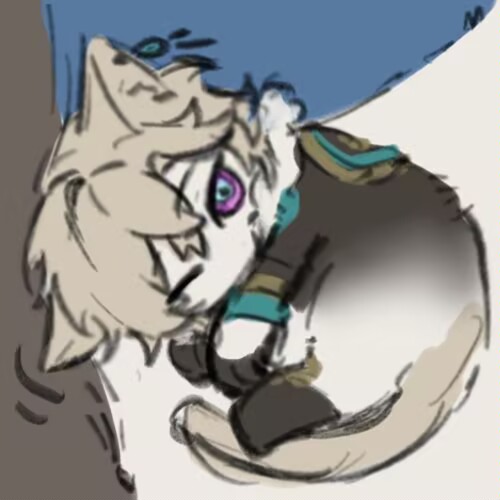 the image is a digital drawing or sketch in a manga style, depicting a chibistyle anthropomorphic creature.  the creature appears to be a lightcolored furry animal, possibly a wolf or fox, with large, expressive eyes (one purple and blue). it's wearing darkgrey or brown clothing with teal accents, and it's curled up asleep, or resting, in a fetal position. the art style is soft and slightly sketchy, giving it a cute and whimsical feel. the background is simple and unfocused, drawing attention to the main character.