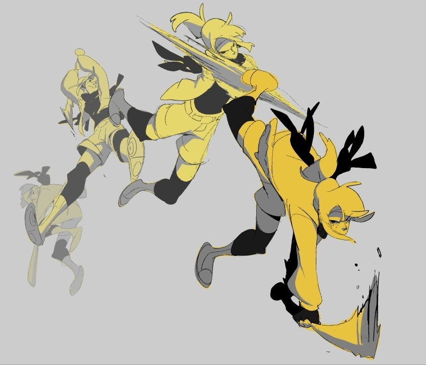 this is a cartoon illustration of three yellow and black anime characters in a fighting pose. each character is holding a sword and has an aggressive expression on their face.  the illustration is done in a dynamic style with lots of energy and movement.
