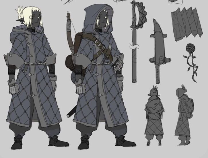 he image shows concept art for a dark elf character.  there are two views of the main character, a fullbody front view and a threequarter view. they are wearing a long, hooded, quilted coat, and carrying a bow and quiver. other items are shown separately: a scythelike weapon, a pole weapon, a backpack, and additional smaller character designs. the style is simplistic, using grayscale with minimal shading and detail, suggesting a preliminary design stage.  the overall impression is a character for a fantasy game or setting.